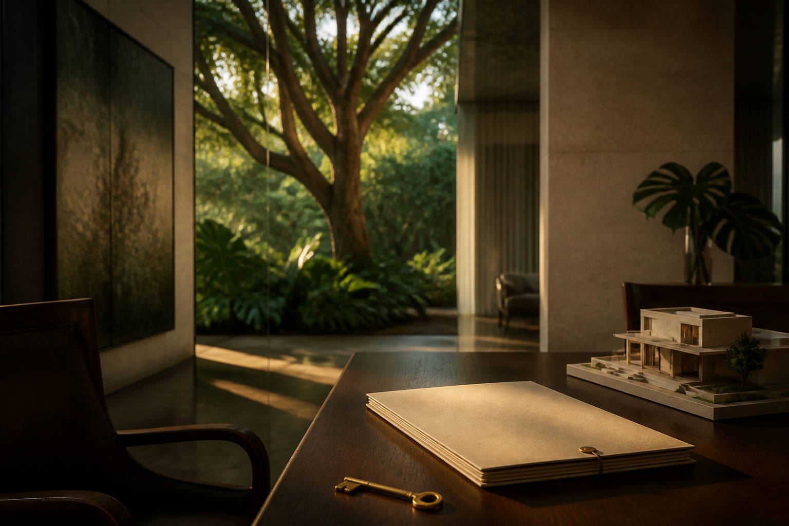 Ambiente contemporâneo com documentos, chave e maquete de uma residência, simbolizando proteção patrimonial